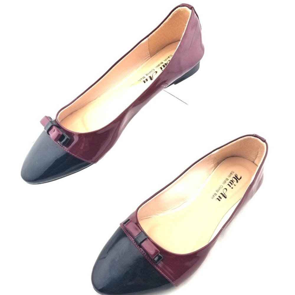 Burgundy & Black Patent Pointed Toe Flats Bow 36